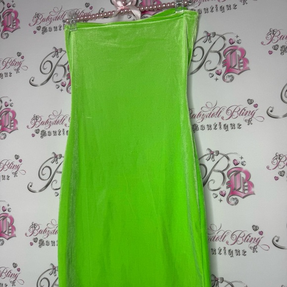 Dress heart bling rhinestone lime πβπ©green velvet velour soft leg slit strapless - Picture 5 of 12